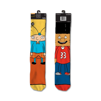 orange and blue crew socks with arnold and gerald cartoon characters from the tv show hey arnold!    