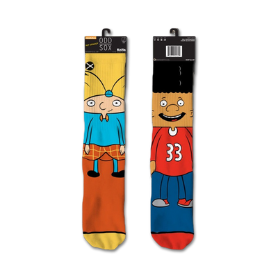 orange and blue crew socks with arnold and gerald cartoon characters from the tv show hey arnold!    