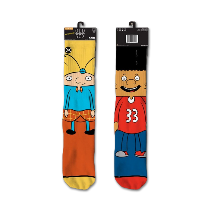 orange and blue crew socks with arnold and gerald cartoon characters from the tv show hey arnold!     }}