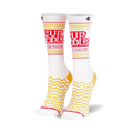 Pair of white crew socks with a Cup Noodles design. Red and yellow details feature the brand's logo and wavy noodle pattern.