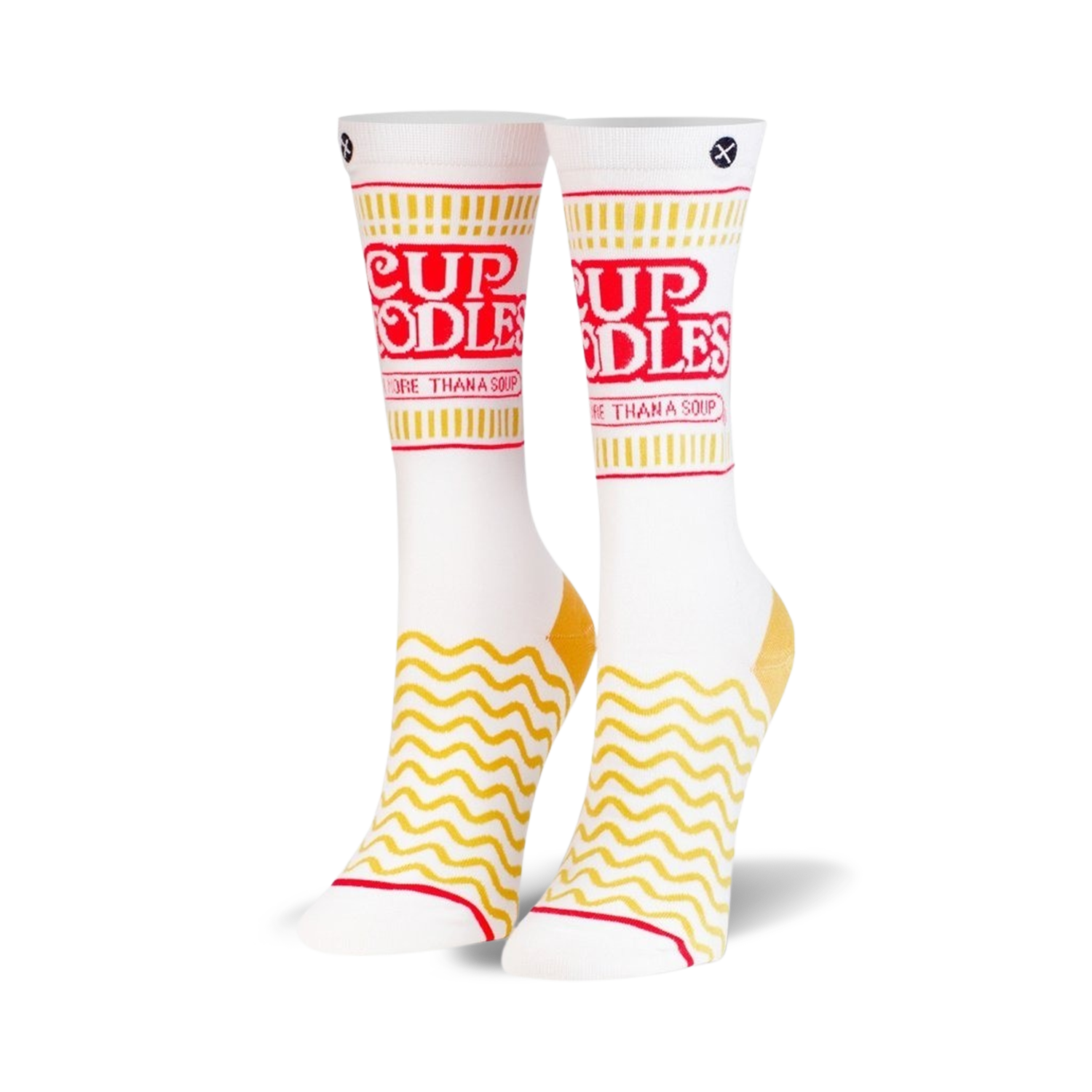 Pair of white crew socks with a Cup Noodles design. Red and yellow details feature the brand's logo and wavy noodle pattern.