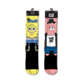 Pair of crew socks; one features Spongebob in a grey hoodie and jeans, the other Patrick in a vest and shorts. Both are on black backgrounds.