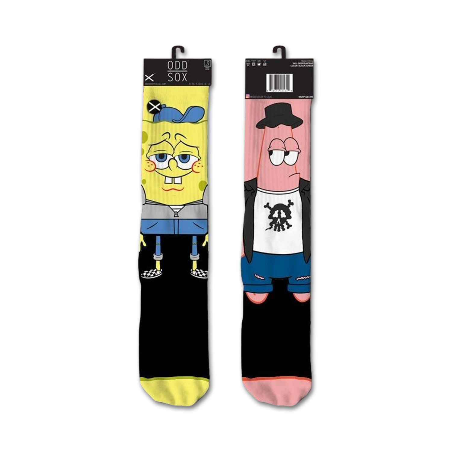 Pair of crew socks; one features Spongebob in a grey hoodie and jeans, the other Patrick in a vest and shorts. Both are on black backgrounds.