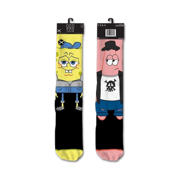 spongebob and patrick crew socks, black, men's and women's, spongebob and patrick cartoon characters,  hipster, fun   