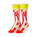 Pair of crew socks with red and white stripes, popcorn illustrations, and 'Popcorn' text. Yellow top cuffs.