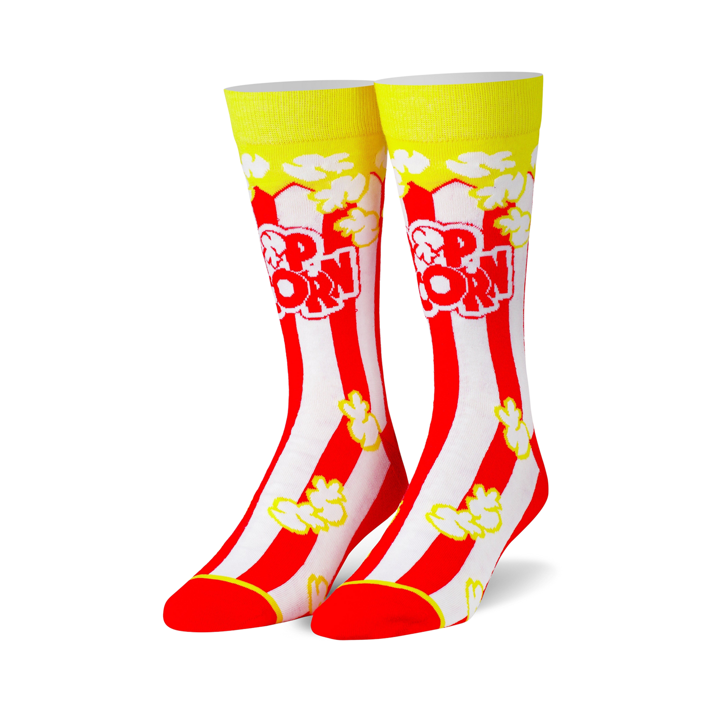Pair of crew socks with red and white stripes, popcorn illustrations, and 'Popcorn' text. Yellow top cuffs.
