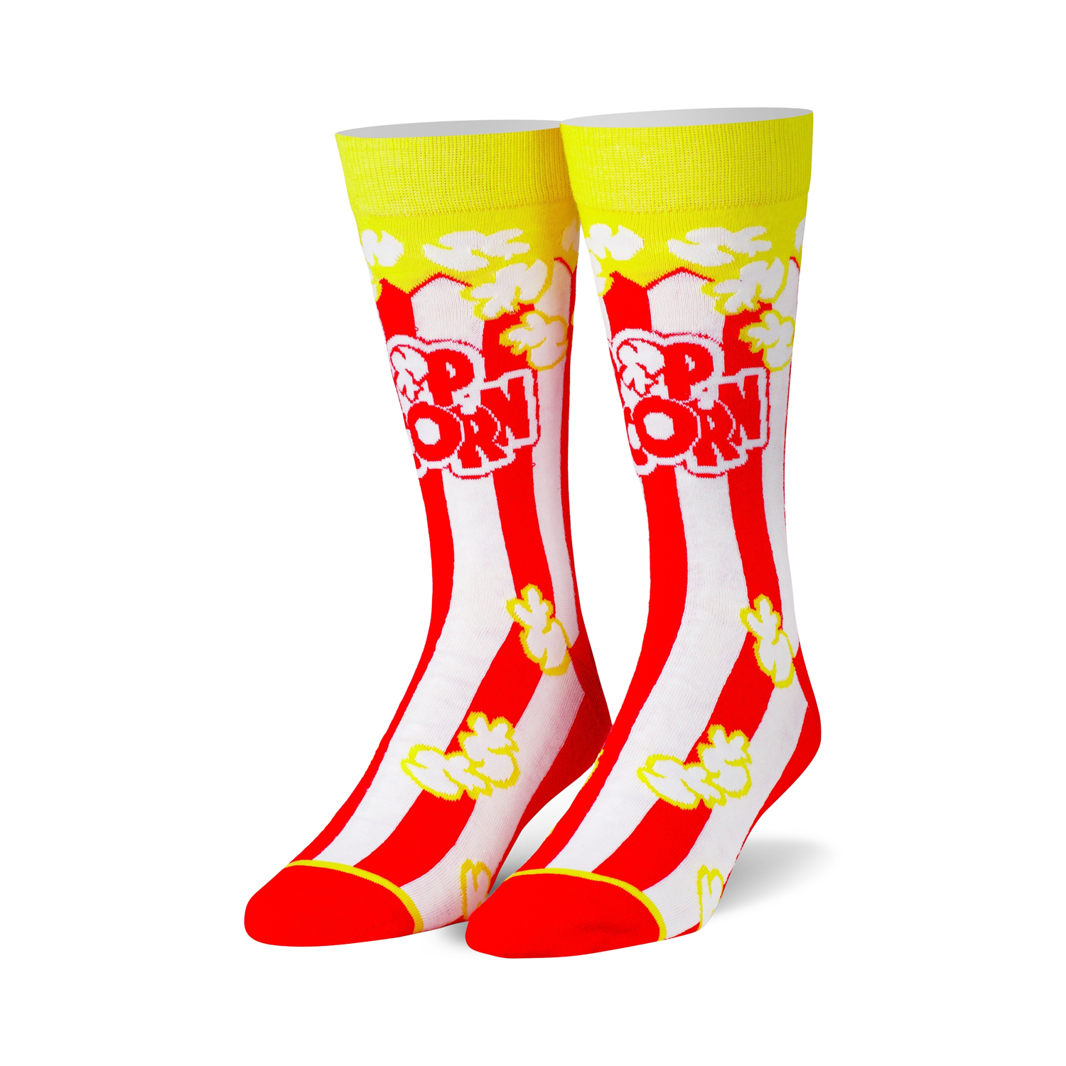 Pair of crew socks with red and white stripes, popcorn illustrations, and 'Popcorn' text. Yellow top cuffs.