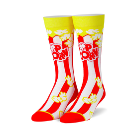 red and white striped "pop corn" retro popcorn bucket crew socks for men and women  
