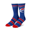 Crew socks in blue with red and white stripes and a Pepsi logo.  The socks are a speckled blue with a retro Pepsi logo on one side.