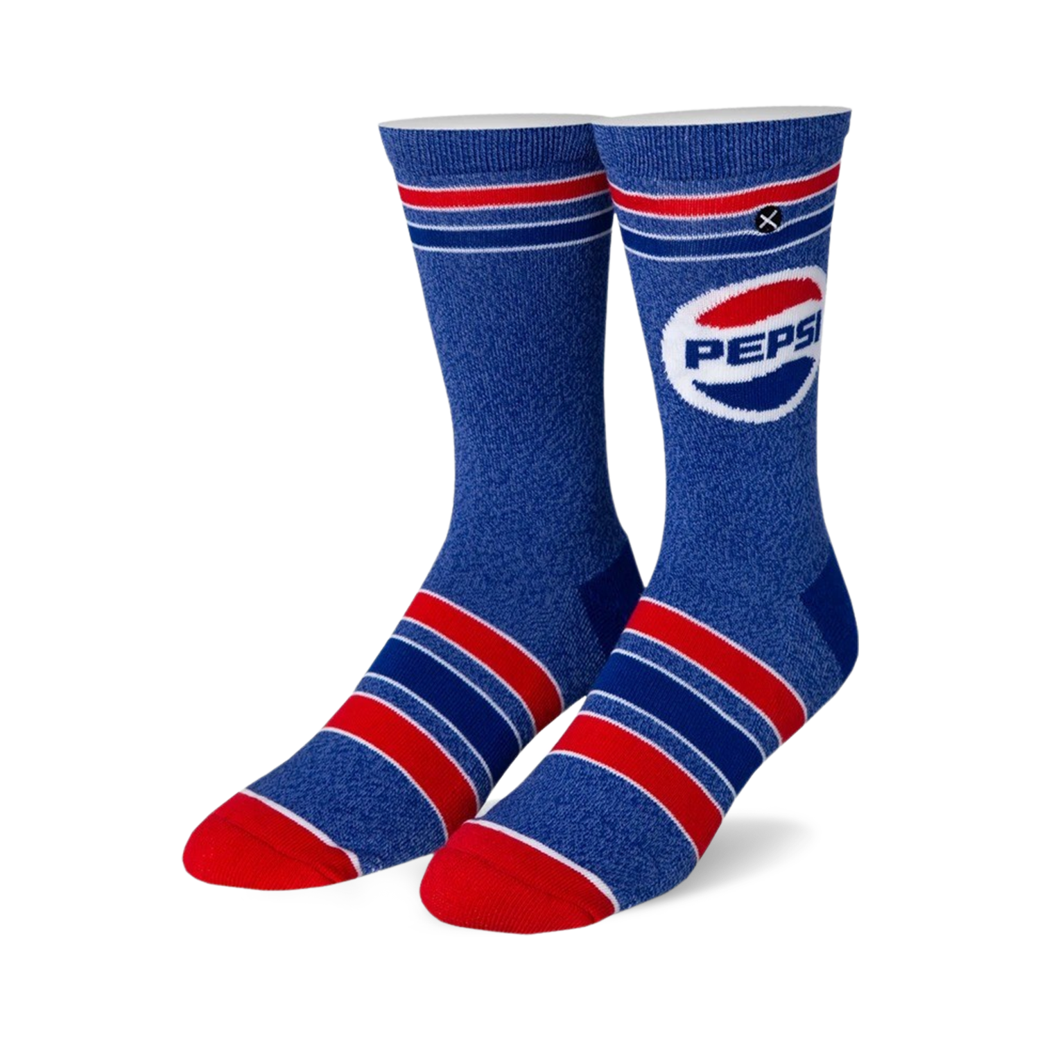 Crew socks in blue with red and white stripes and a Pepsi logo.  The socks are a speckled blue with a retro Pepsi logo on one side.