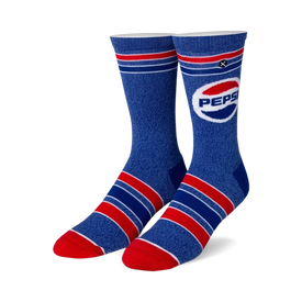 blue crew socks with red and white striped pattern and pepsi logo on leg. made for men and women. food & drink theme   