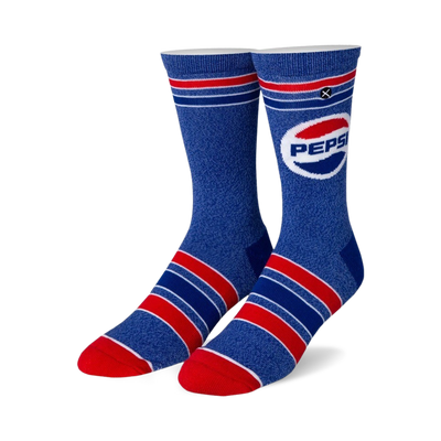 blue crew socks with red and white striped pattern and pepsi logo on leg. made for men and women. food & drink theme   