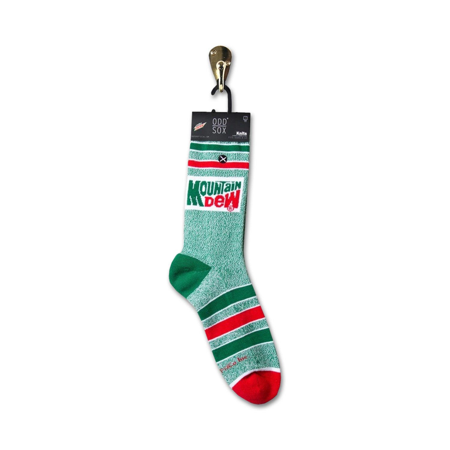 Lifestyle shot showing a single Mountain Dew sock hanging on a retail display.