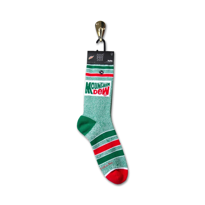 A single green sock with red and white stripes at the top and bottom. The word 