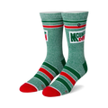 Pair of Mountain Dew crew socks. Green speckled fabric with red and white stripes, and the Mountain Dew logo.