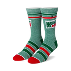 Pair of Mountain Dew crew socks. Green speckled fabric with red and white stripes, and the Mountain Dew logo.