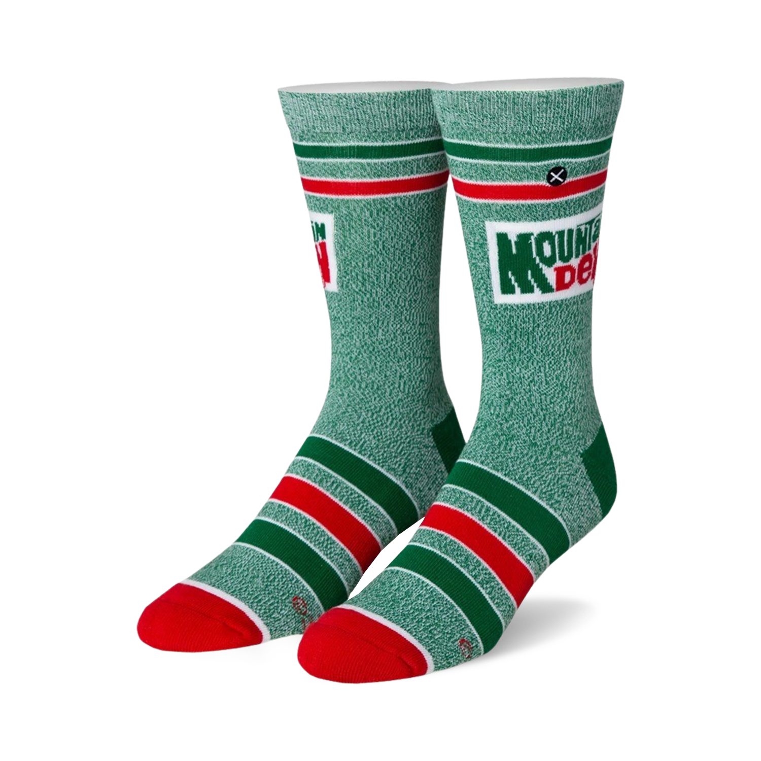Pair of Mountain Dew crew socks. Green speckled fabric with red and white stripes, and the Mountain Dew logo.