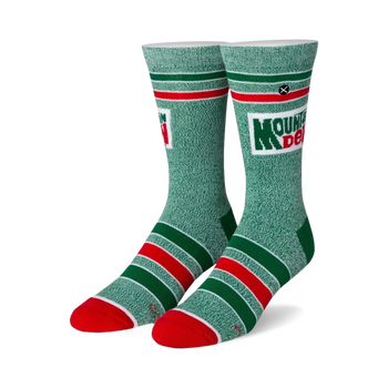 mountain dew crew socks in green wit red and white stripe with embroidered logo.   