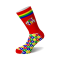 Crew socks in red with rainbow stripes and a Froot Loops cereal design.  The foot features a colorful repeating pattern of Froot Loops cereal.