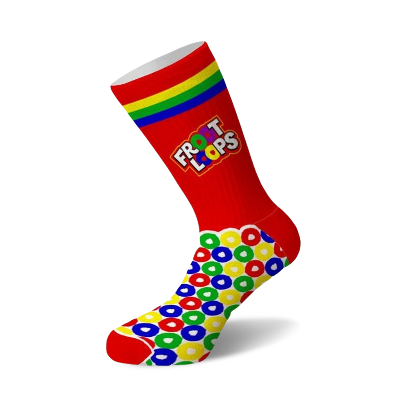 Crew socks in red with rainbow stripes and a Froot Loops cereal design.  The foot features a colorful repeating pattern of Froot Loops cereal.