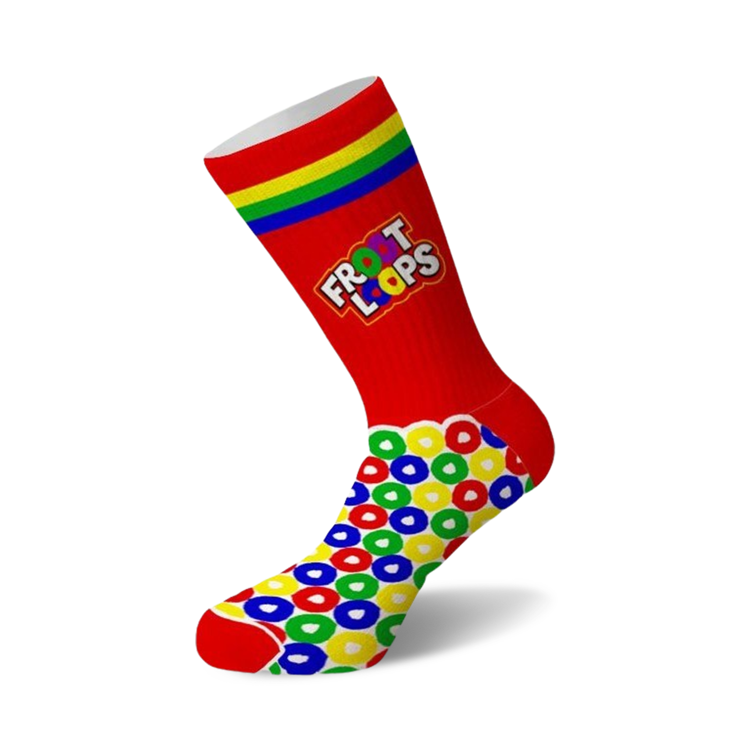 Crew socks in red with rainbow stripes and a Froot Loops cereal design.  The foot features a colorful repeating pattern of Froot Loops cereal.