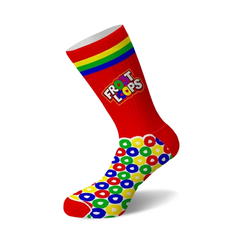 Crew socks in red with rainbow stripes and a Froot Loops cereal design.  The foot features a colorful repeating pattern of Froot Loops cereal.