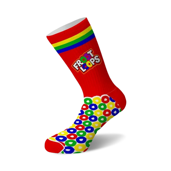 multicolored froot loops pattern crew socks in red with a solid red toe and heel. green, yellow, red, and blue stripe at the top.    }}