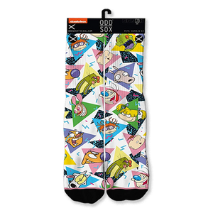 Pair of 'Nick 90's' crew socks laid flat with a hanger, showing full 90s cartoon and geometric pattern. Black toe, blue heel.