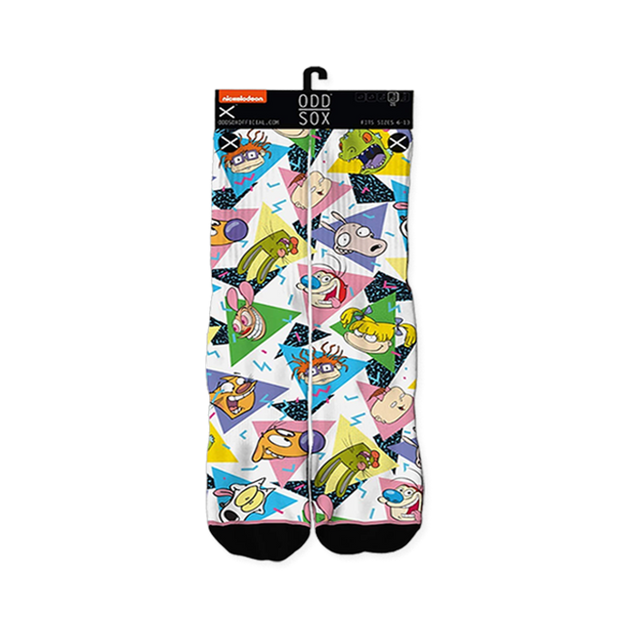 Pair of 'Nick 90's' crew socks laid flat with a hanger, showing full 90s cartoon and geometric pattern. Black toe, blue heel.