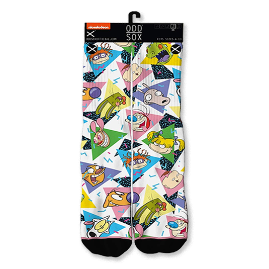 Pair of 'Nick 90's' crew socks laid flat with a hanger, showing full 90s cartoon and geometric pattern. Black toe, blue heel.