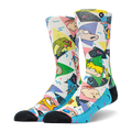 Pair of crew socks with a white base, featuring colorful 90s geometric patterns and Nickelodeon cartoon characters like Ren, Stimpy, and Rugrats. Black toes and blue heels.