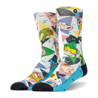 Pair of crew socks with a white base, featuring colorful 90s geometric patterns and Nickelodeon cartoon characters like Ren, Stimpy, and Rugrats. Black toes and blue heels.