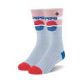 Pair of crew socks with white base, thin blue stripes, red and blue Pepsi logo, and red heel and toe.