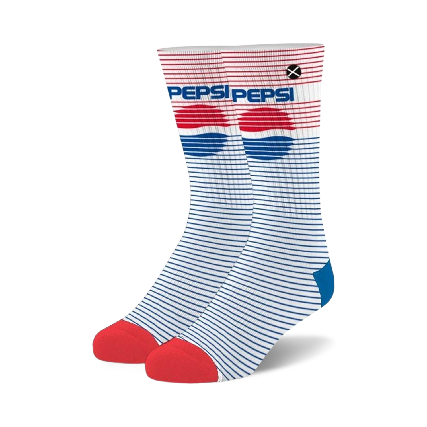 Pair of crew socks with white base, thin blue stripes, red and blue Pepsi logo, and red heel and toe.