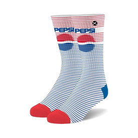 white socks with red toe and heel. blue and red stripe pattern with "pepsi" lettering on leg.   