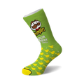 Crew socks in green and yellow. The design features the Pringles logo, Mr. Pringle's face, and repeating sour cream & onion chip shapes.