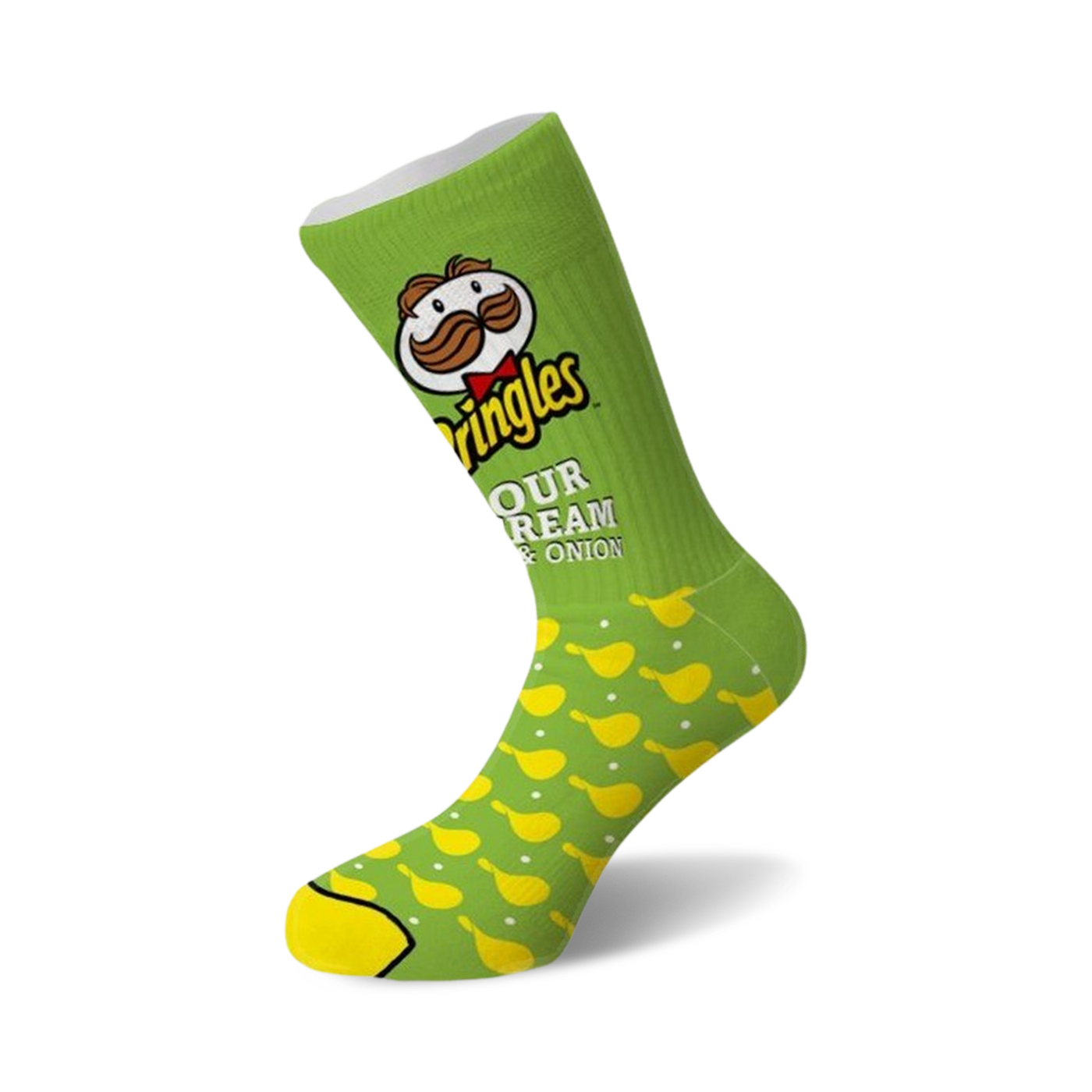 Crew socks in green and yellow. The design features the Pringles logo, Mr. Pringle's face, and repeating sour cream & onion chip shapes.