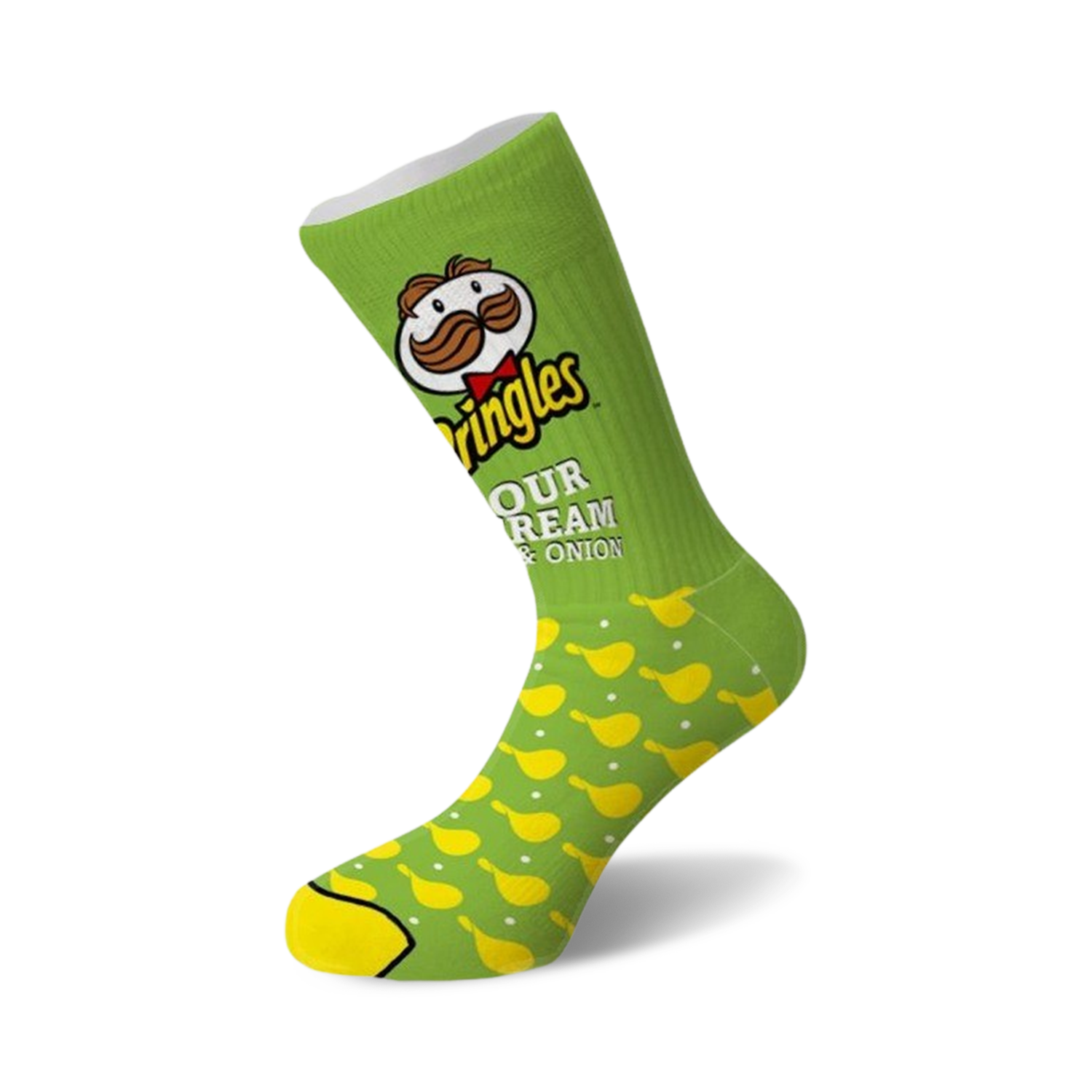 Crew socks in green and yellow. The design features the Pringles logo, Mr. Pringle's face, and repeating sour cream & onion chip shapes.