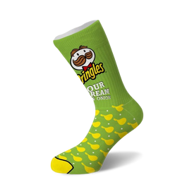 green and yellow crew socks featuring julius pringles and pringles logo all over.  
