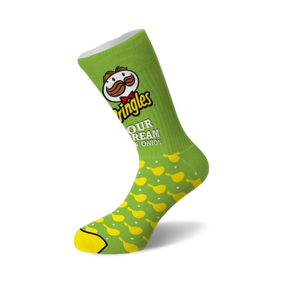 green and yellow crew socks featuring julius pringles and pringles logo all over.  