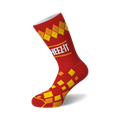 Red crew socks with a Cheez-It design. Yellow and orange cracker images are arranged in a diamond pattern. The 'Cheez-It' logo is prominently displayed.