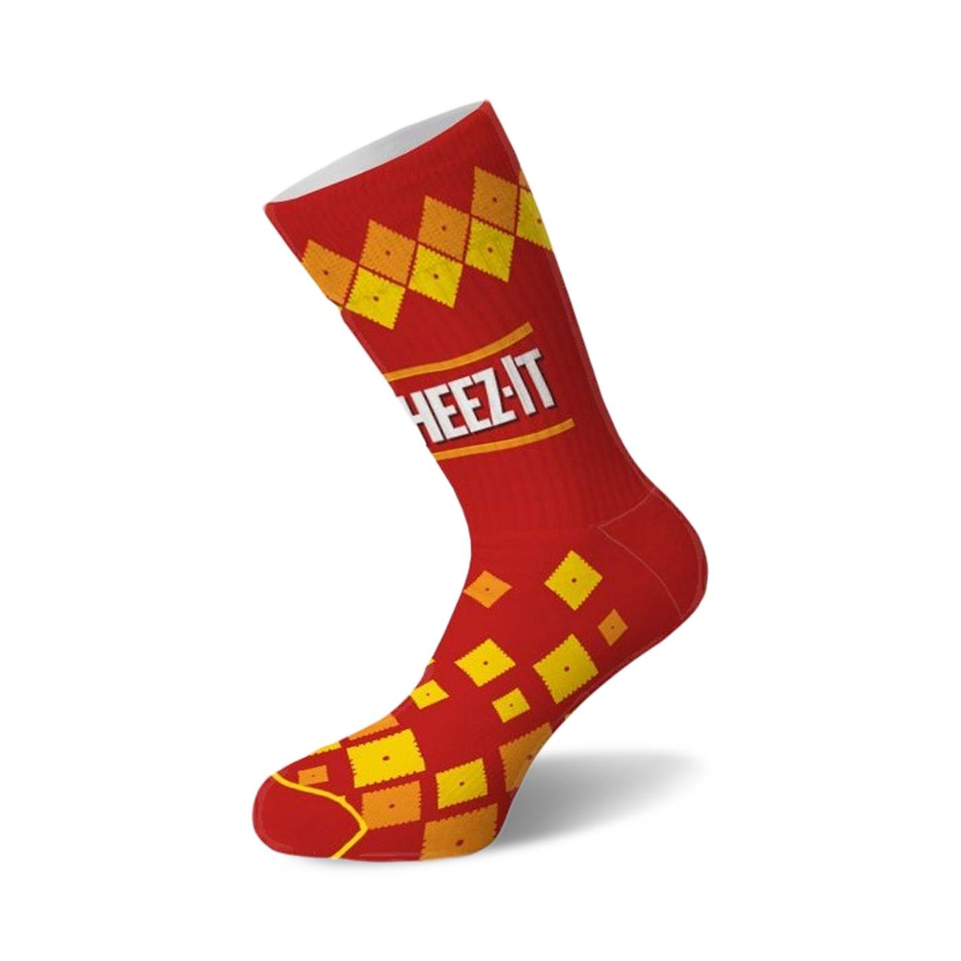 Red crew socks with a Cheez-It design. Yellow and orange cracker images are arranged in a diamond pattern. The 'Cheez-It' logo is prominently displayed.