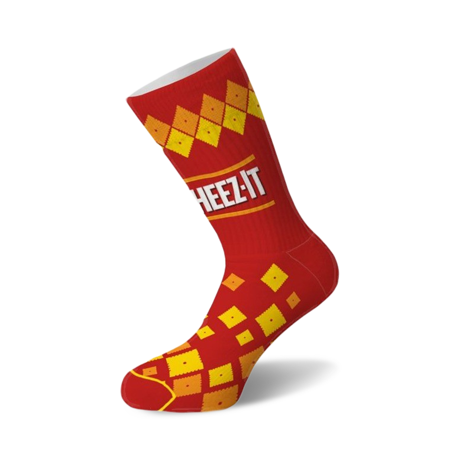 Red crew socks with a Cheez-It design. Yellow and orange cracker images are arranged in a diamond pattern. The 'Cheez-It' logo is prominently displayed.
