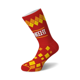 cheez-it themed socks with a red base, white toe, and pattern of small squares. unisex.   