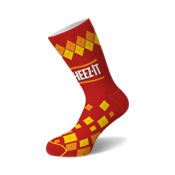 cheez-it themed socks with a red base, white toe, and pattern of small squares. unisex.   