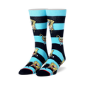 Pair of crew socks in teal and navy blue stripes. SpongeBob Squarepants' face is printed all over.