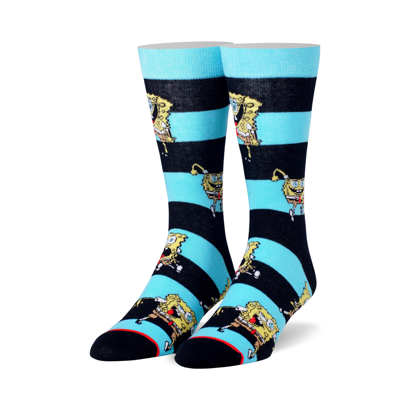 Pair of crew socks in teal and navy blue stripes. SpongeBob Squarepants' face is printed all over.