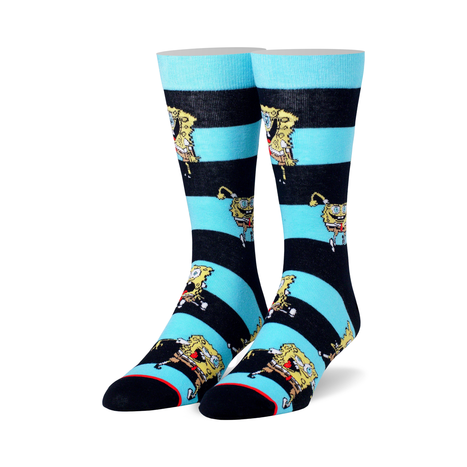 Pair of crew socks in teal and navy blue stripes. SpongeBob Squarepants' face is printed all over.