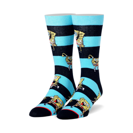 these crew socks feature a vibrant pattern of spongebob squarepants faces on blue and black stripes, bringing a touch of cartoonish fun to any outfit.   