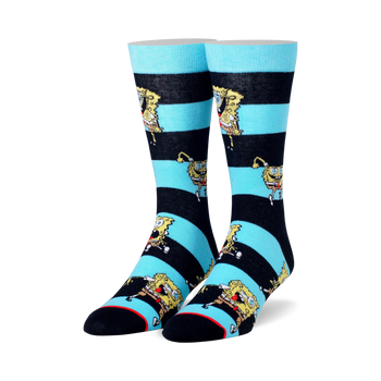 these crew socks feature a vibrant pattern of spongebob squarepants faces on blue and black stripes, bringing a touch of cartoonish fun to any outfit.   